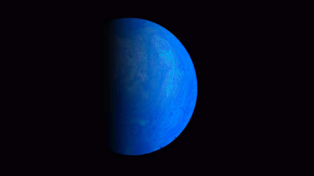 A luminous blue planet with swirling atmospheric patterns glowing against a dark black space background, suggesting a distant