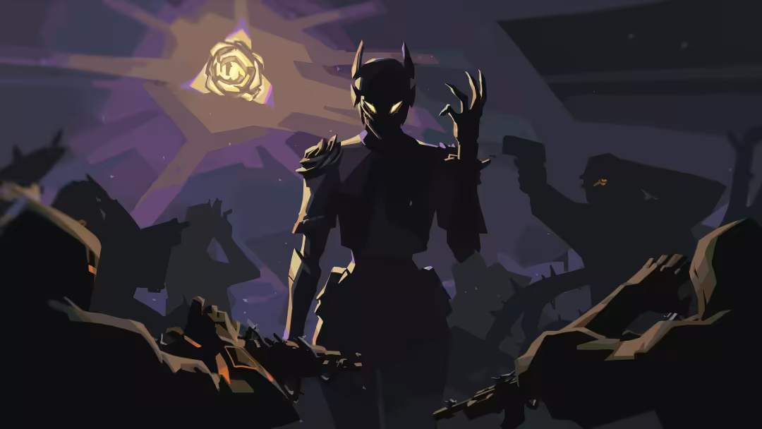 Valorant demon warrior with glowing gold eyes and horns in dark silhouette surrounded by purple mystical energy and golden ma