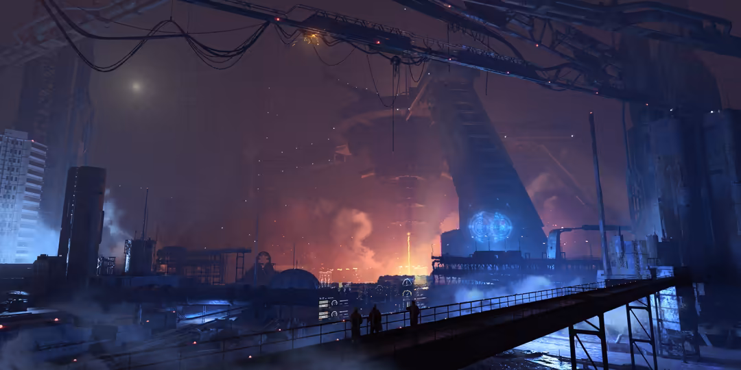 Dystopian cyberpunk cityscape with glowing neon lights, industrial structures, and an ominous orange fire burning in the dist