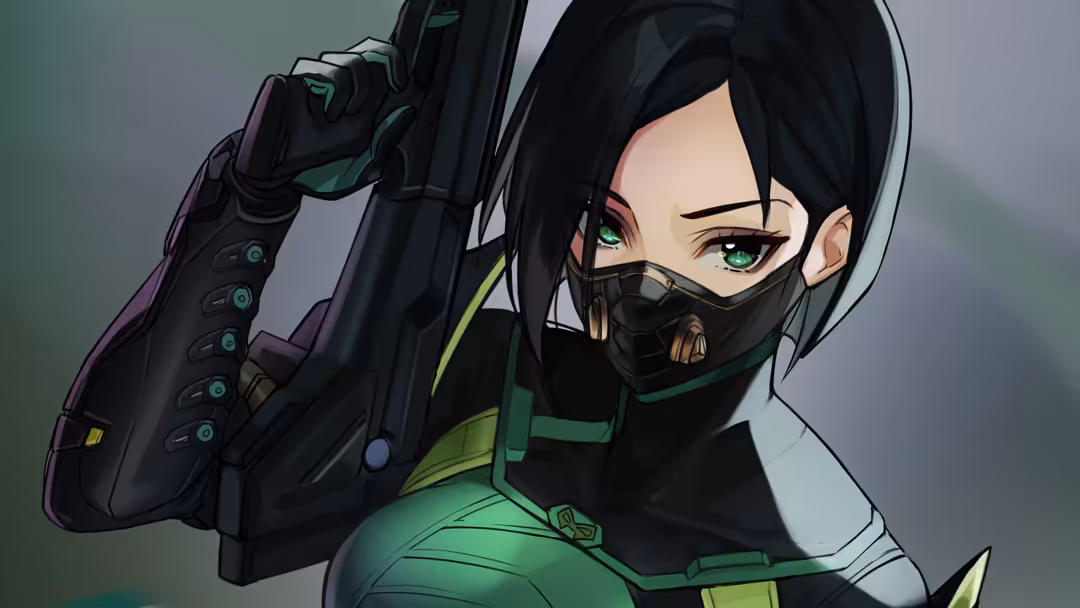 Anime-style illustration of Viper from Valorant, a tactical agent with black hair, green eyes, wearing a dark tactical suit w