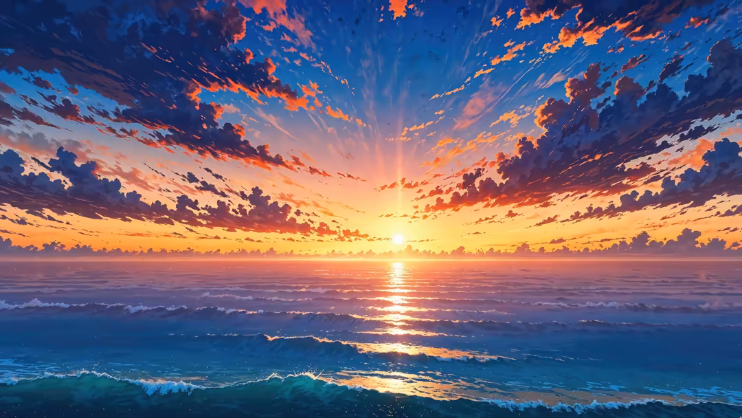 Dramatic ocean sunset with golden and orange clouds radiating across a vibrant blue sky, illuminating turquoise waves below i