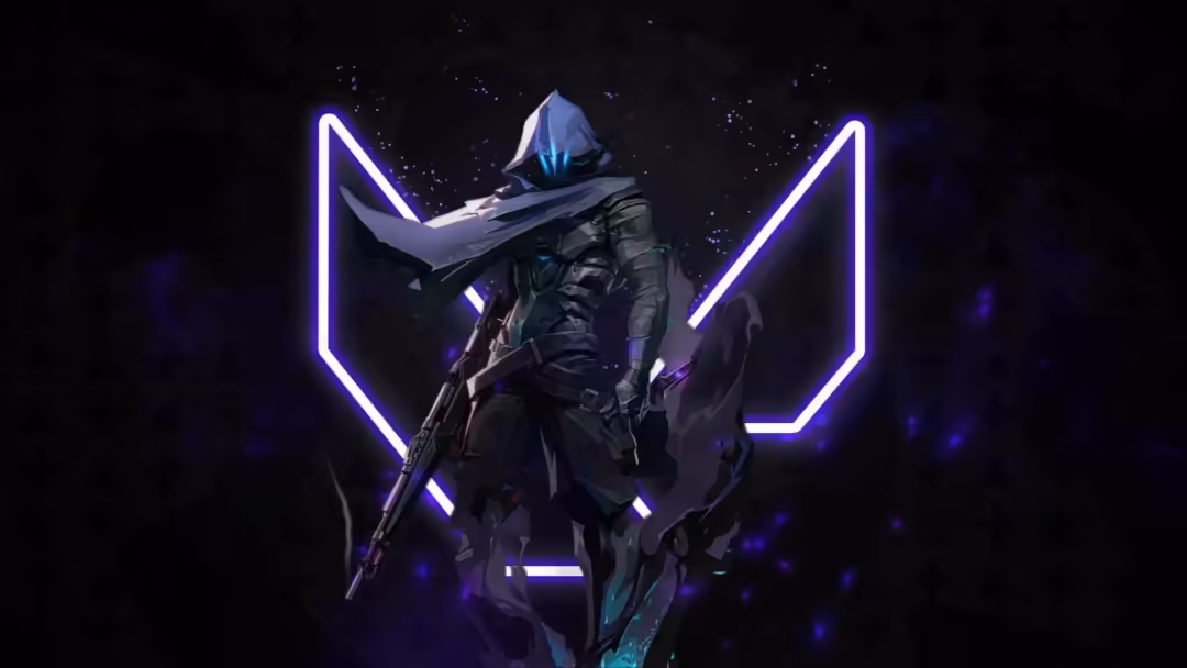Valorant agent in dark tactical gear with glowing neon purple lines, holding a rifle in dynamic combat stance against a black