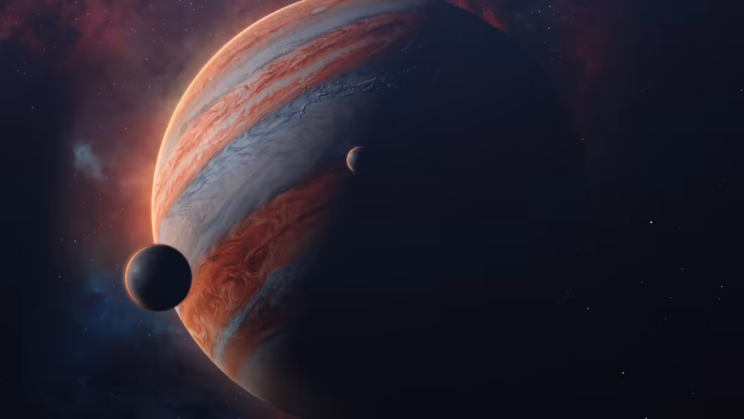 Majestic gas giant Jupiter with swirling red and white clouds, orbited by smaller moons against a starry cosmic backdrop