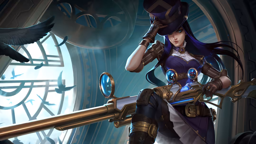 Steampunk-themed female character with purple hair, mechanical armor, and ornate staff in a glowing architectural interior se