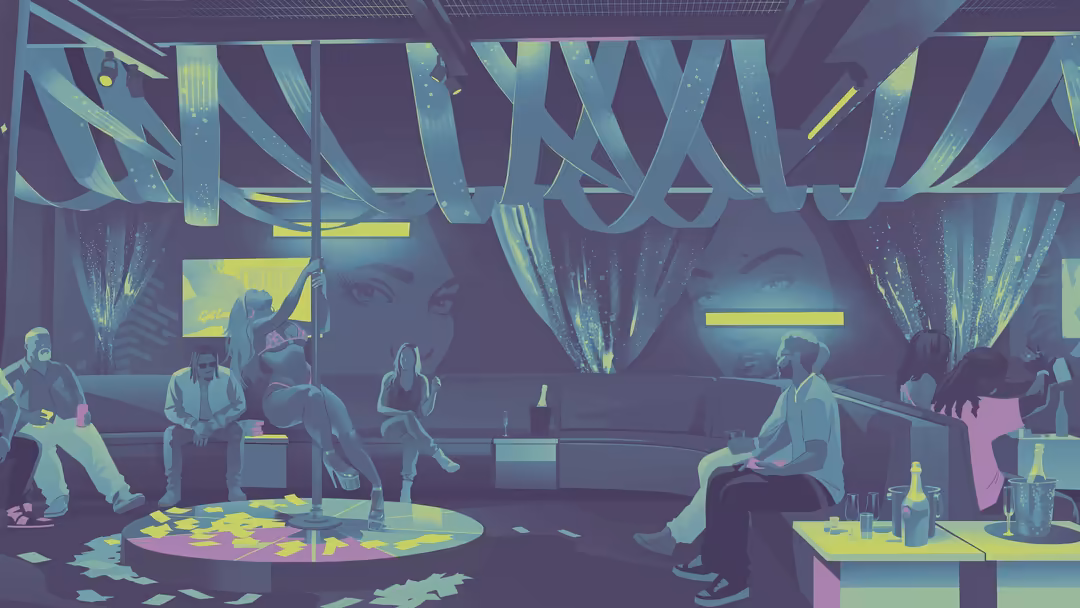 Neon-lit nightclub scene with multiple characters lounging, dancing, and socializing under glowing yellow and cyan lighting w