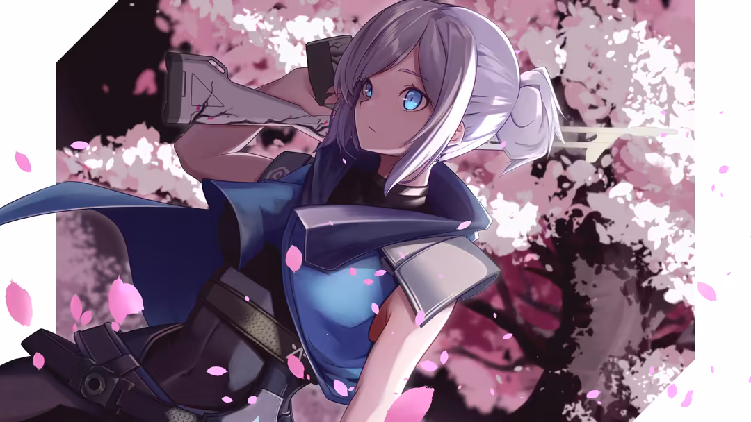 Animated character Jett from Valorant in tactical gear with blue and black suit, holding weapon, surrounded by pink and white