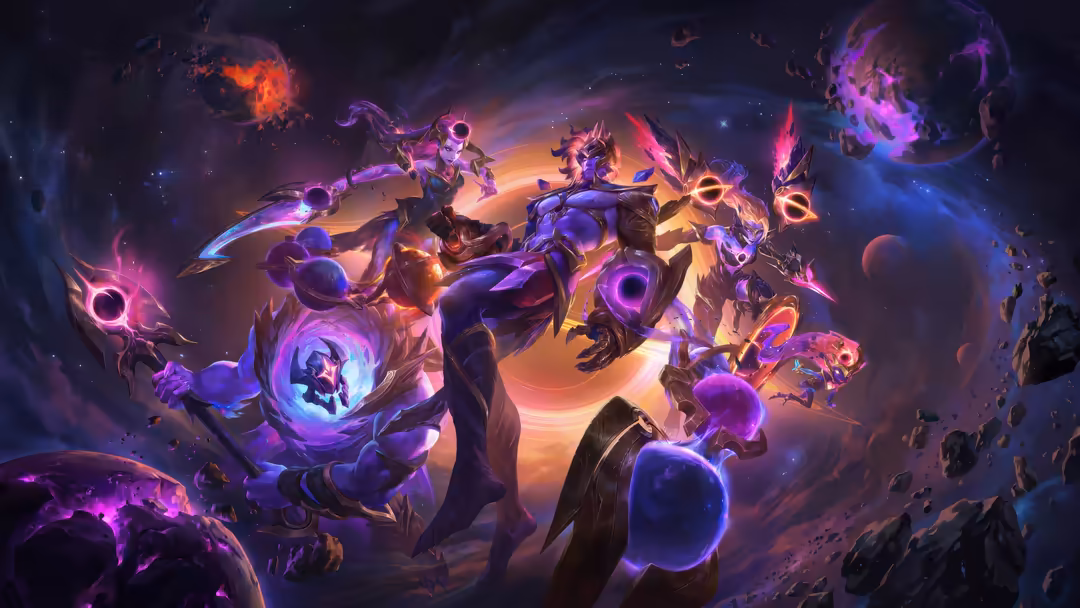 Epic cosmic battle scene with glowing purple and orange magical effects, fantasy warrior characters wielding energy weapons i
