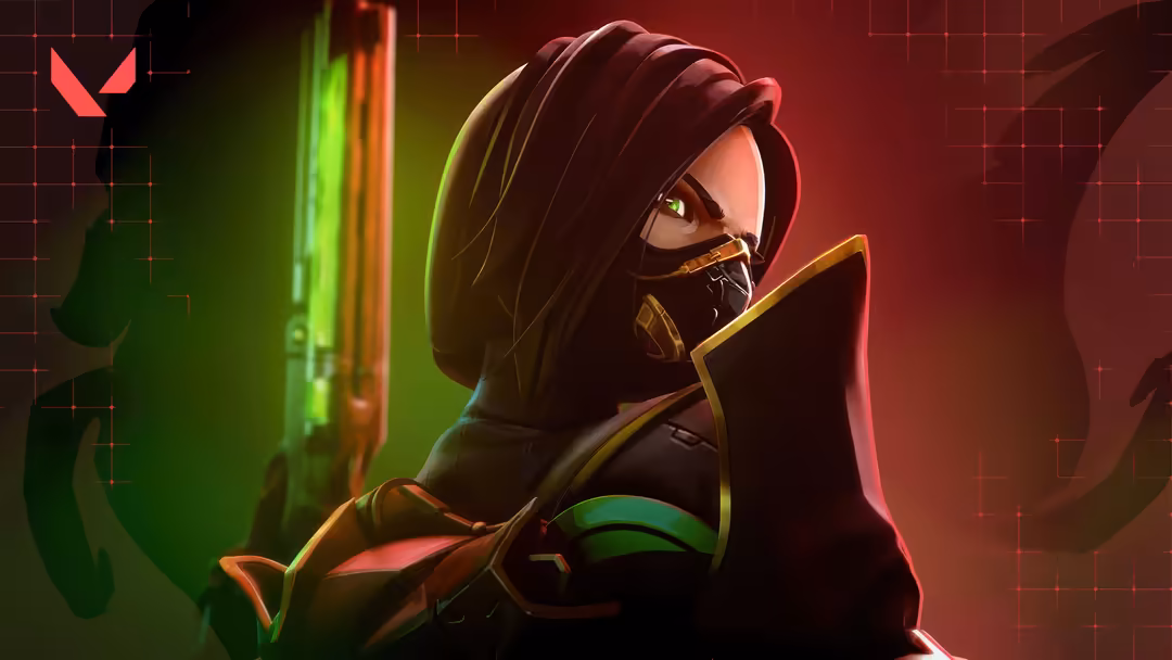 Valorant character Viper in cyberpunk style with neon green and red lighting, wearing tactical gear and mask against dark bac