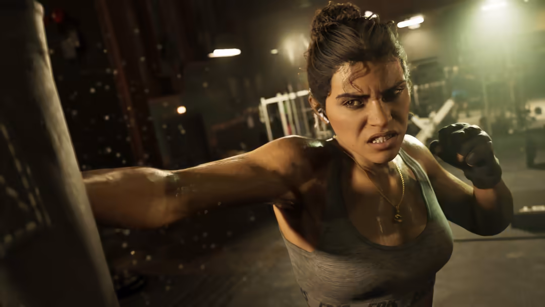 Female boxer in fighting stance wearing boxing gloves in urban industrial setting with neon lights and gritty atmosphere