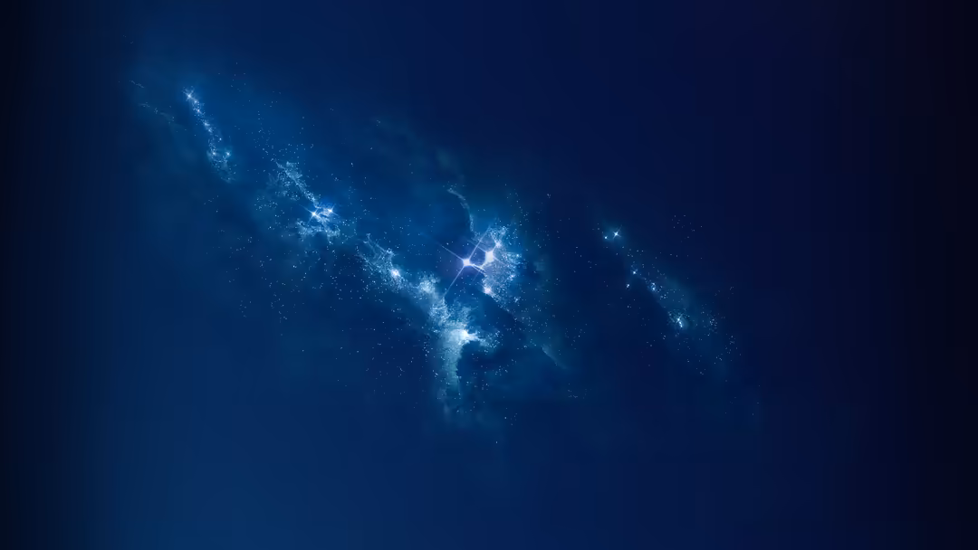 Stunning deep blue cosmic scene featuring the Milky Way galaxy with bright stars and nebula clouds scattered across a dark sp