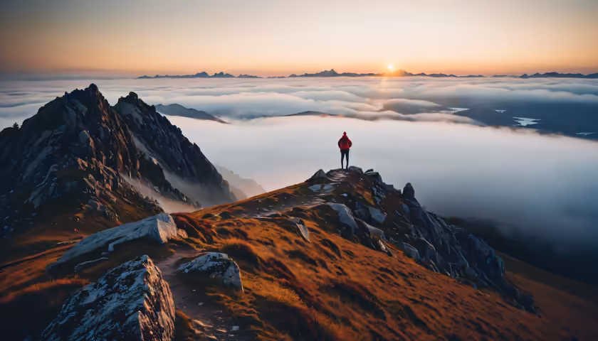 Hiker Above Clouds Mountain Sunrise