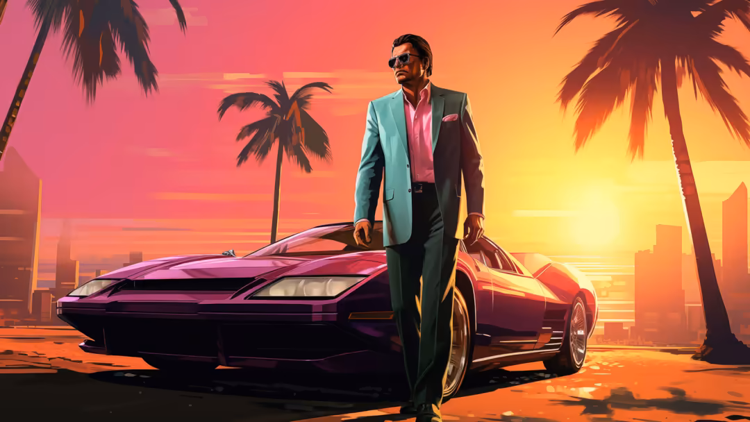 Man in stylish blazer and sunglasses standing beside neon purple supercar against vibrant sunset cityscape with silhouetted p