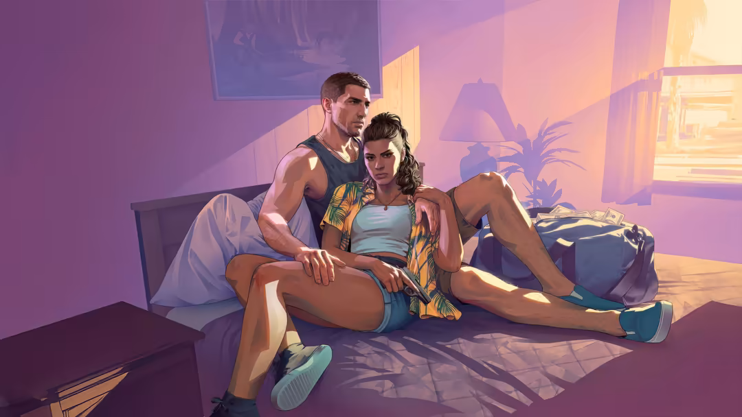 Two stylized characters relaxing indoors with purple and golden sunlight streaming through windows, tropical plants casting s
