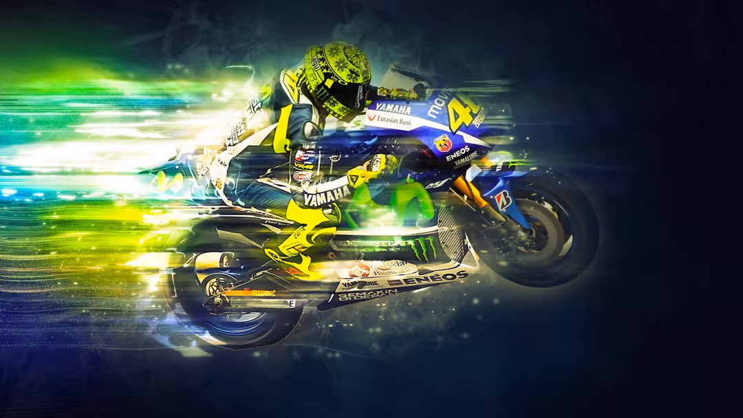 Motorcycle racer in yellow and blue gear with glowing neon effects and speed lines representing dynamic motion and energy