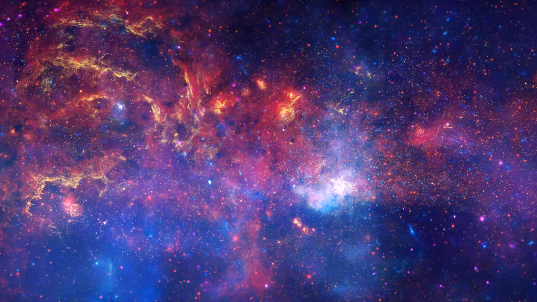 Vibrant cosmic nebula with glowing red, pink, and blue stars scattered across a deep purple space with luminous gas clouds