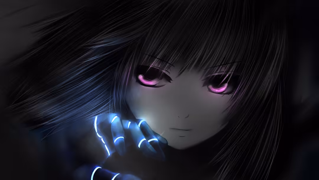 Anime girl with long black hair and glowing magenta eyes, illuminated neon blue hands near face against dark background
