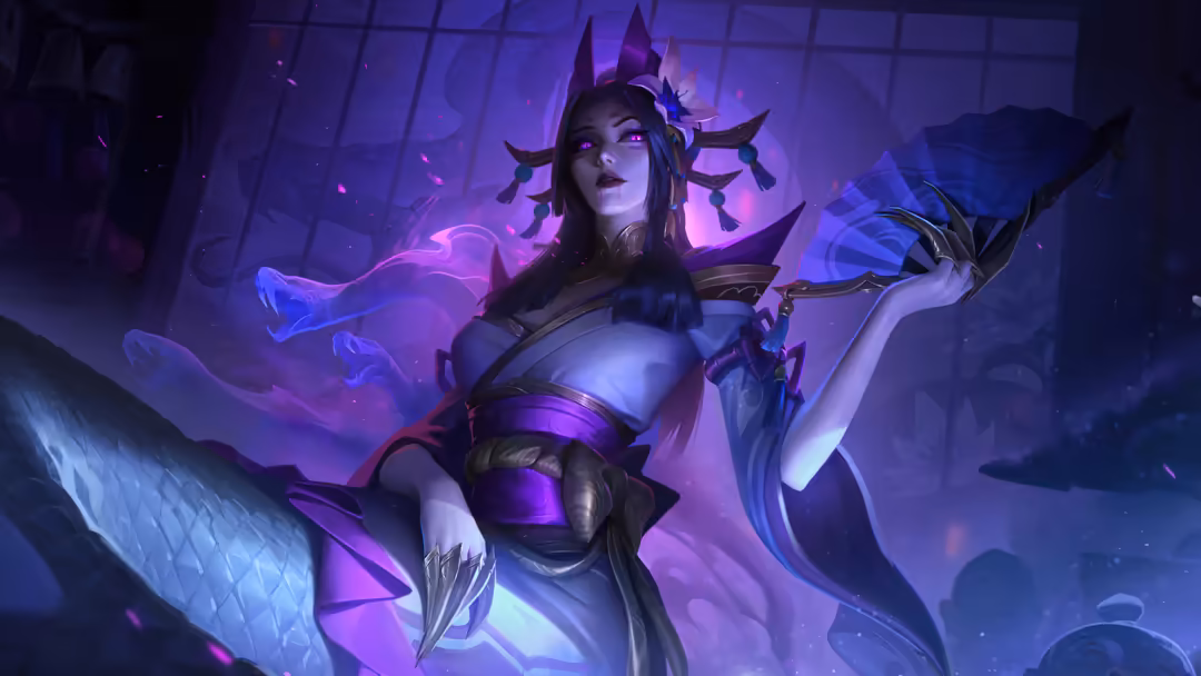Mystical female character with dark hair and horns, surrounded by glowing purple and blue magical energy and ethereal effects