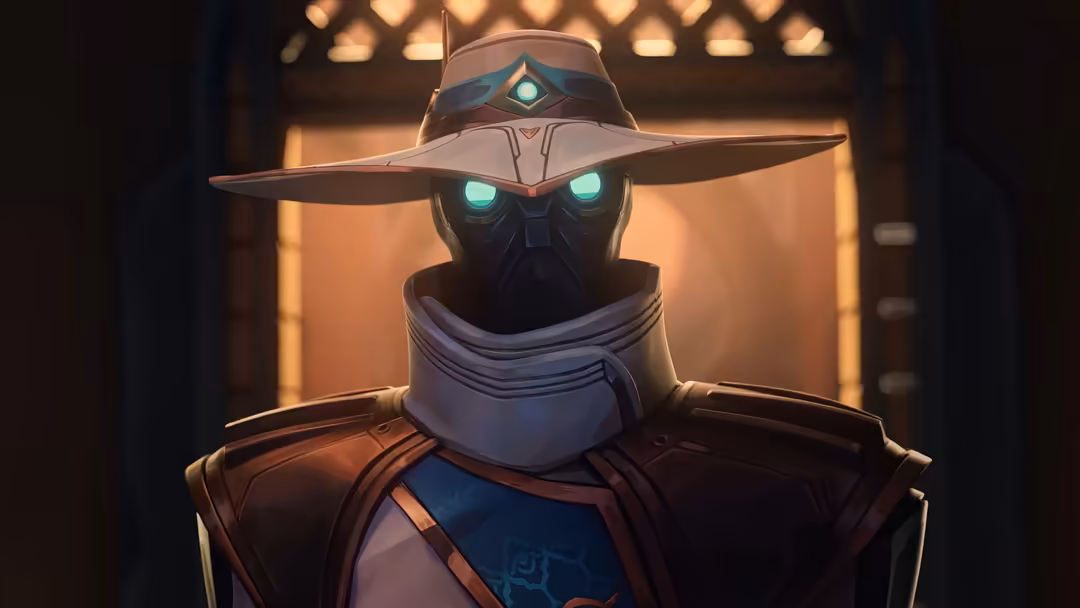 Cypher tactical agent with glowing cyan eyes, wide-brimmed hat, and dark armor stands in warm golden-lit corridor background