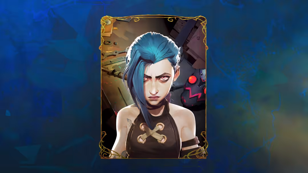Animated character with striking blue hair and dark outfit framed in ornate gold border against blue digital background