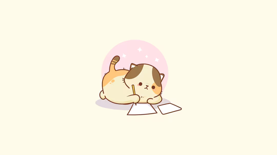 Cute kawaii cat character with brown and cream coloring lying down with raised paw against soft pink circular background with