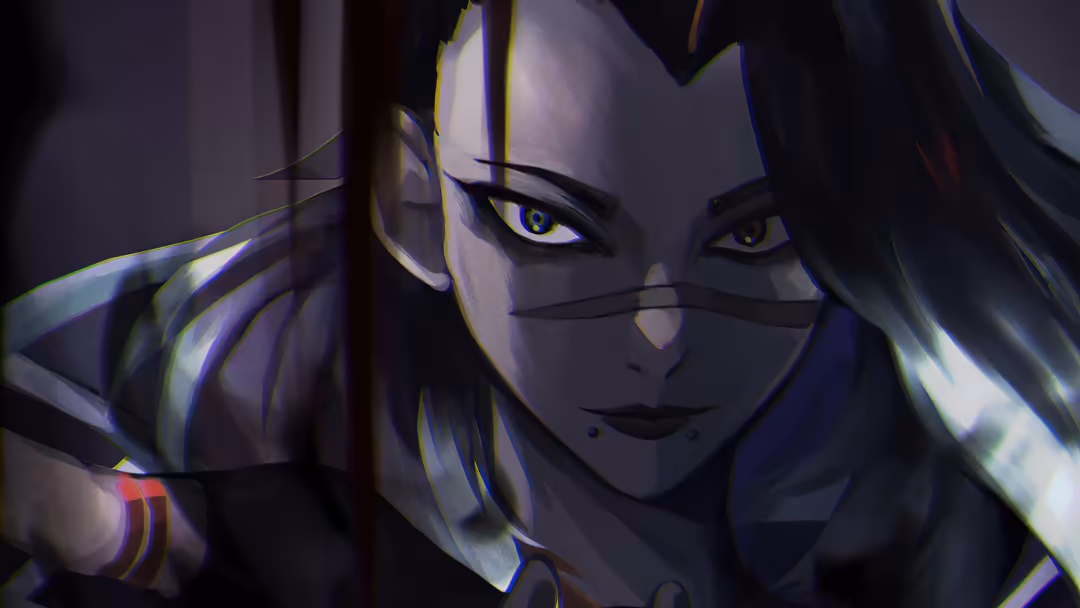 Anime-style portrait of Fade from Valorant with glowing yellow eyes, dark hair, and cyberpunk aesthetic against a moody purpl