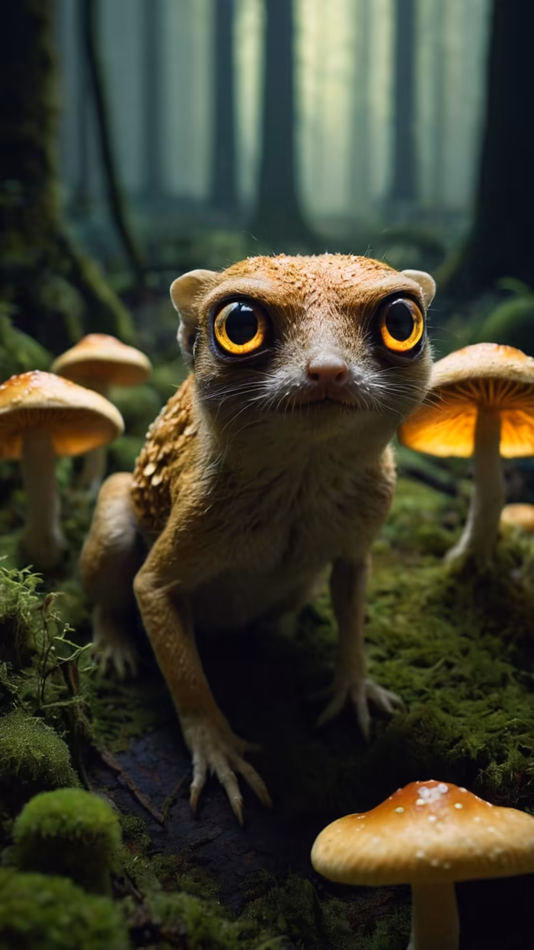 Mystical creature with glowing golden eyes in misty forest surrounded by luminous mushrooms and moss