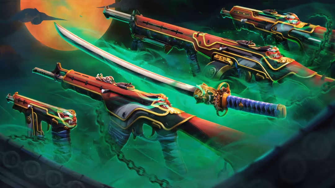 Collection of ornate Valorant Oni Bundle weapons with glowing neon green effects, featuring detailed red and gold decorated f