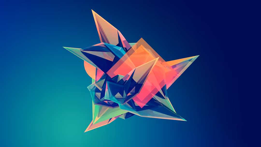 Colorful geometric star with layered facets in pink, orange, cyan, and teal on deep blue gradient background, modern abstract