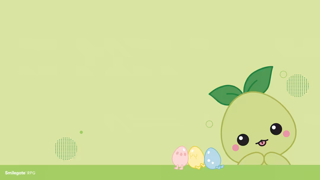 Cute smiling green apple character with big eyes and green leaves on a soft pale yellow background with colorful egg-shaped f