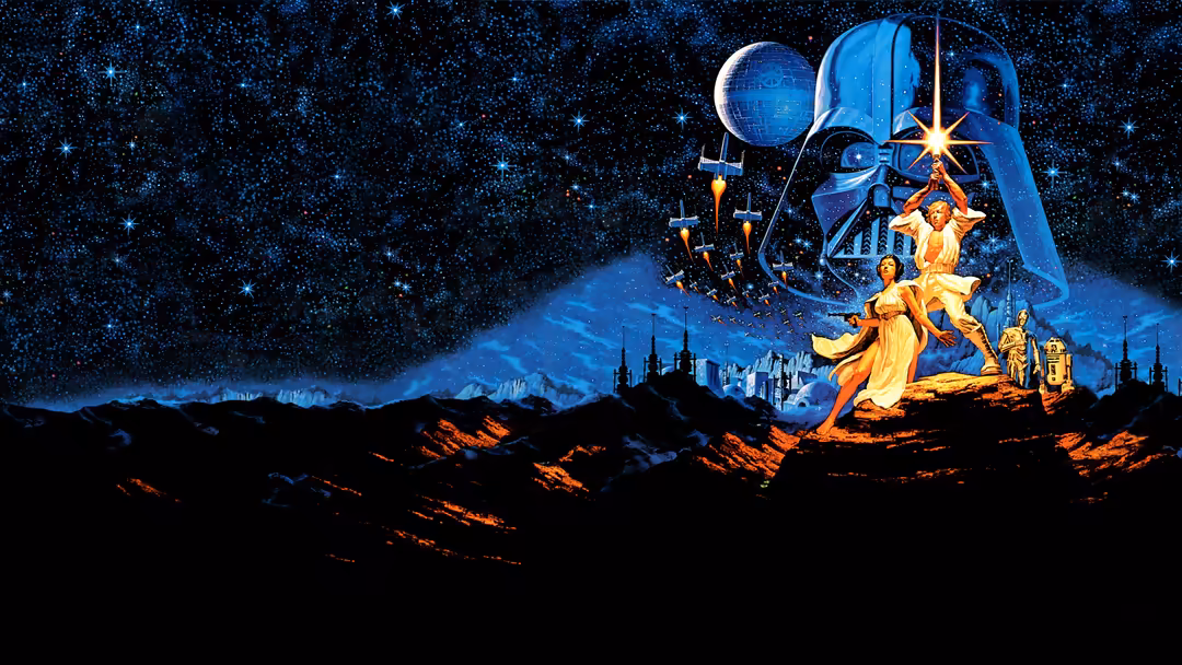 Luke Skywalker wielding lightsaber against dramatic starfield backdrop with iconic spacecraft and celestial battle scene in b