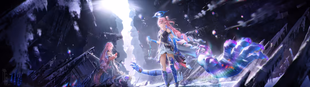 Animated character Denia with flowing red hair wielding glowing neon weapons surrounded by purple and blue magical energy in