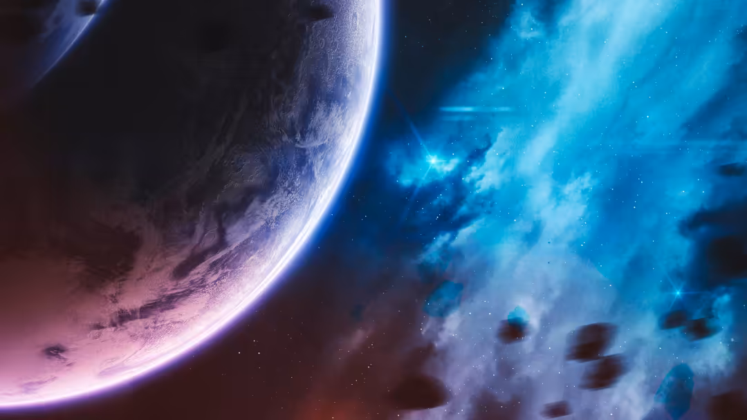A mystical purple planet with glowing blue atmosphere and swirling cosmic nebula clouds filled with stars in deep space