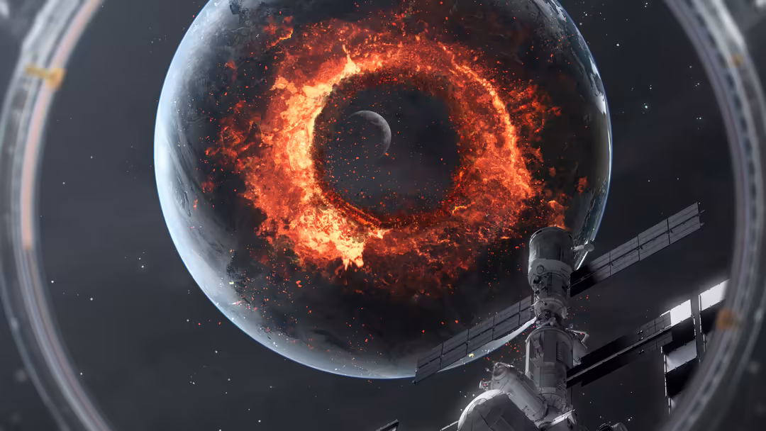 A devastated planet with a massive fiery explosion crater as a satellite observes from nearby in deep space