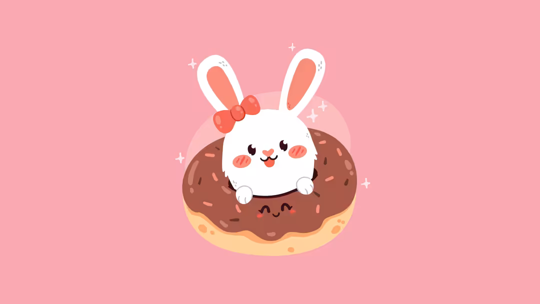 Cute white bunny with red bow sitting in a chocolate donut with sparkles on soft pink background