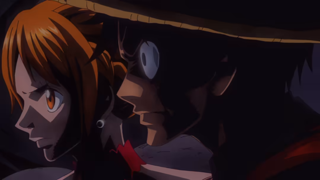 Anime character Monkey D. Luffy with orange hair and determined expression in shadowy lighting with goggles visible above
