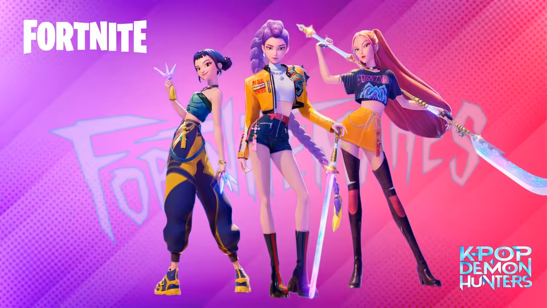 Fortnite Kpop Demon Hunters characters in colorful outfits with weapons against vibrant pink and purple gradient background w