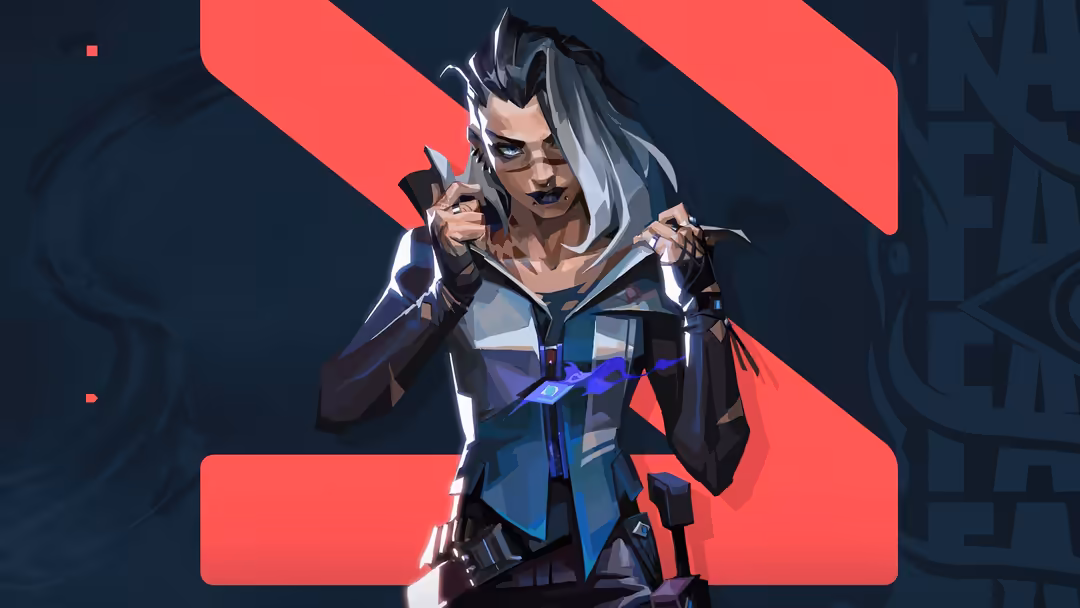 Fade character from Valorant game with silver hair and dark tactical outfit against red geometric background and dark urban s
