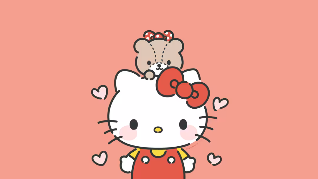 Cute kawaii character Hello Kitty with red bow sitting on teddy bear against soft pink background with floating hearts
