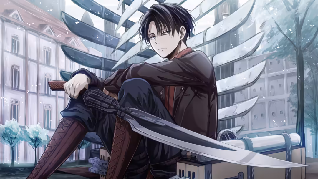 Levi Ackerman with black hair and dark clothing wielding a large sword in a modern urban setting with towering buildings in c