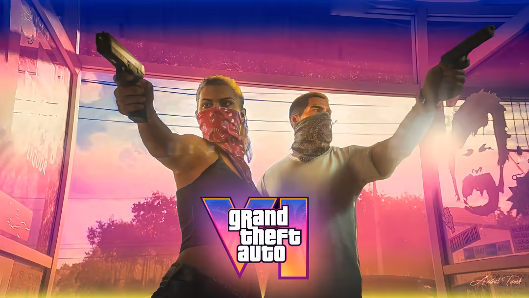Two masked characters wielding pistols against a vibrant neon pink and purple cityscape backdrop with GTA VI logo displayed c