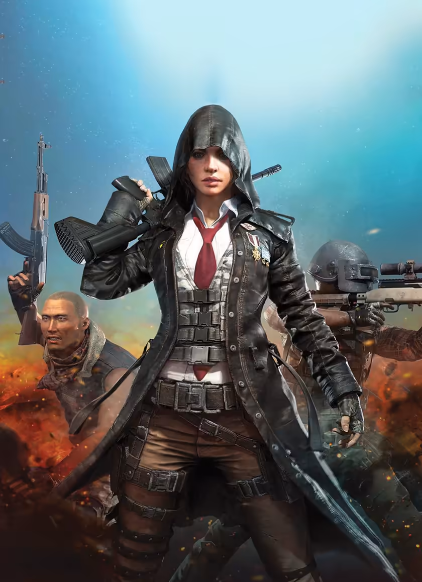 Tactical female PUBG agent in black leather coat and hood, armed with assault rifle, surrounded by fire and explosions with m