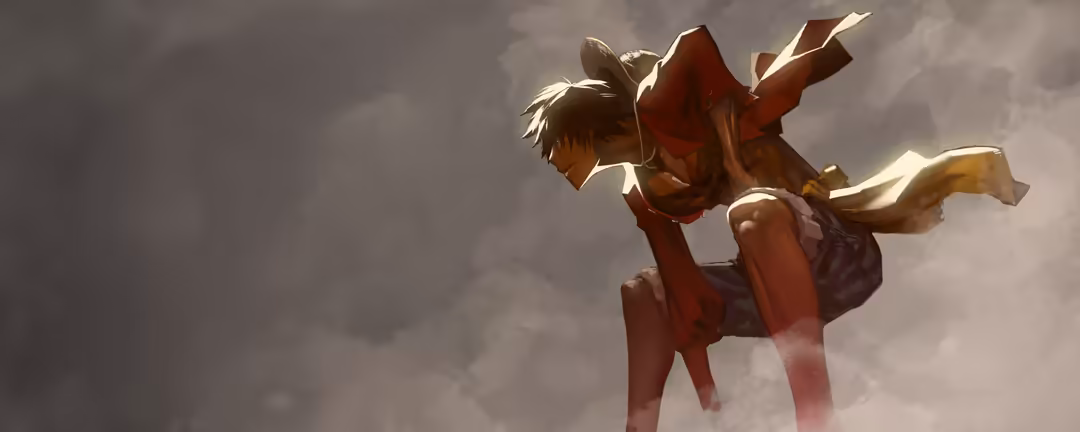 Anime character in red outfit ascending dynamically through cloudy sky with flowing fabrics and determined expression