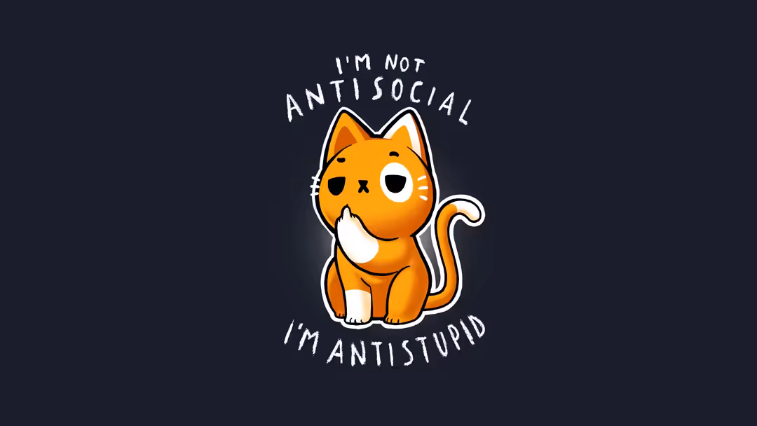 Cute orange and white cat with big eyes and silly expression holding paw to face against dark background with text saying I'm