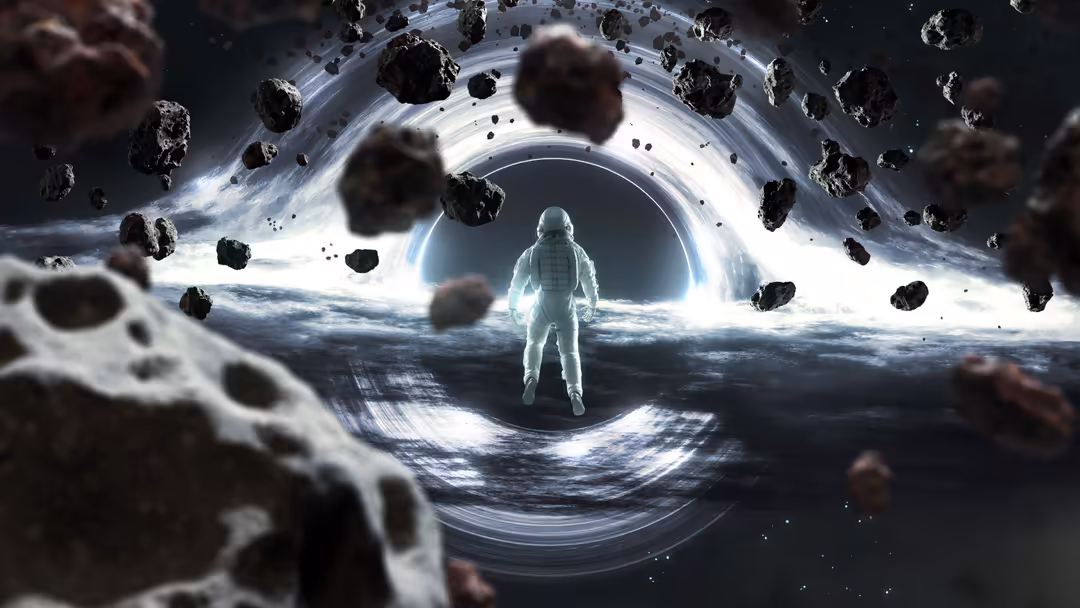 Astronaut in spacesuit standing on asteroid field facing massive glowing black hole surrounded by floating rocks and swirling