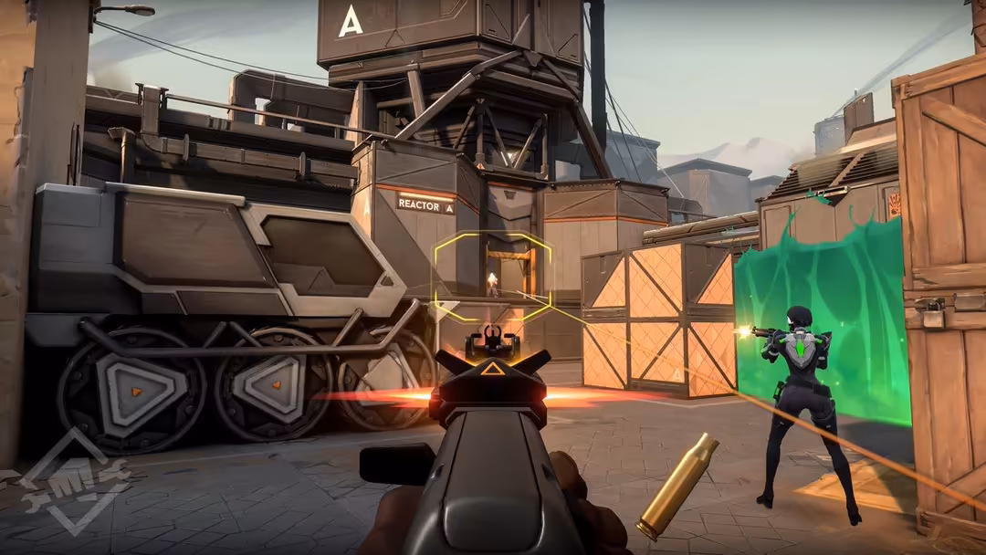 Valorant agent in tactical black suit wielding weapon in neon-lit industrial facility with green holographic portal and react