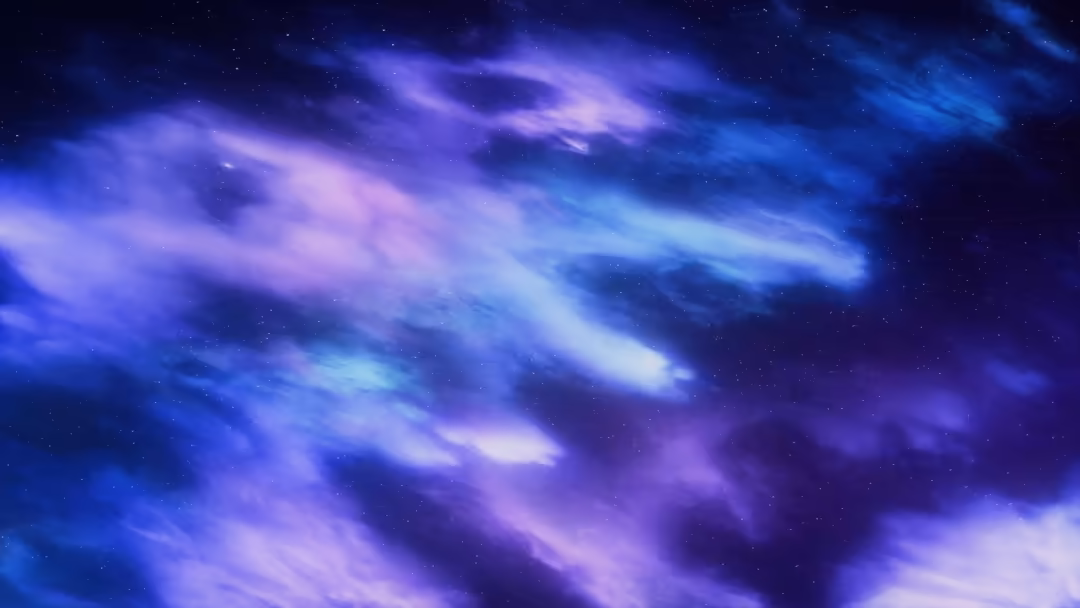 Deep space nebula with swirling blue and purple cosmic clouds illuminated by distant stars and galactic dust formations