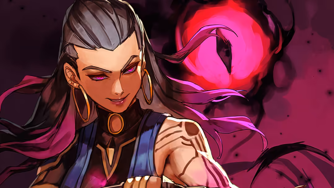 Anime-style portrait of Valorant character Reyna with neon pink glowing orb, dark flowing hair, and mystical purple lighting