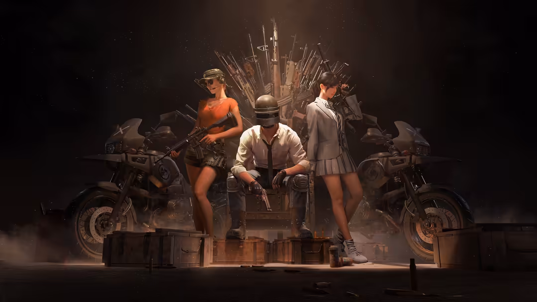 Steampunk-styled PUBG characters posed with motorcycles and weapons against a dramatic dark backdrop with explosive effects
