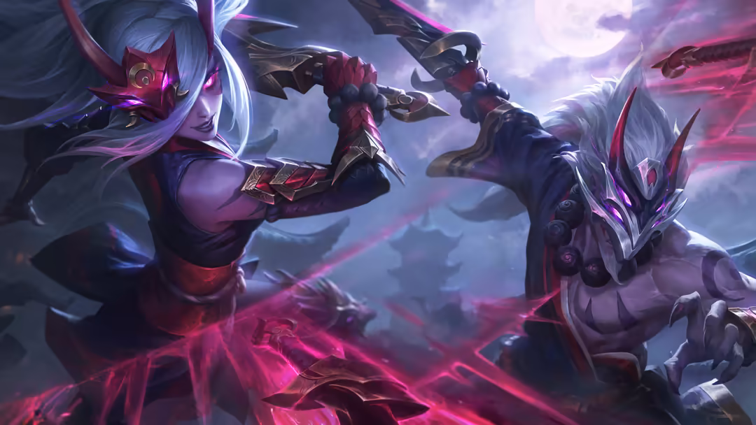 Mystical warrior Katarina in divine armor wielding magical blades with purple energy and glowing effects in dramatic fantasy