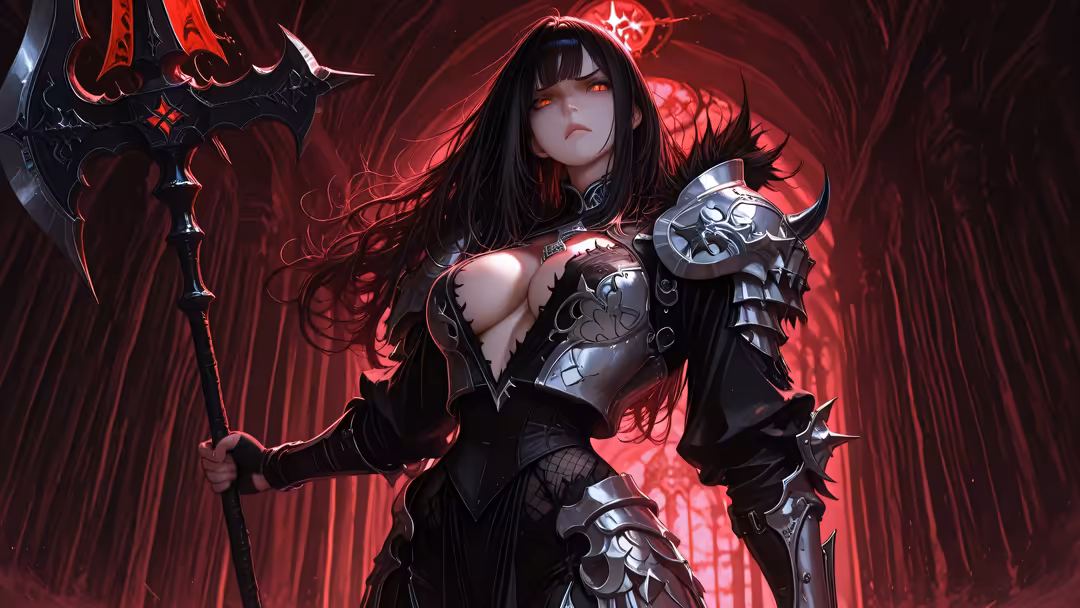Dark fantasy anime warrior woman with long black hair, red glowing eyes, ornate metal armor, holding a large glowing axe in a